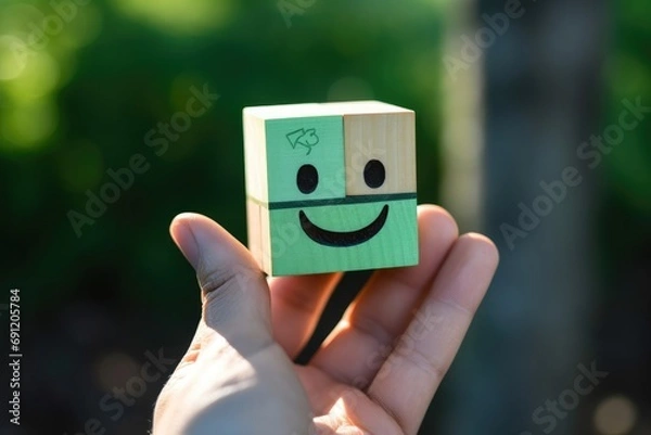 Fototapeta Smiling green happy face Smiley Laugher, friendly happy square cube puzzle smile satisfied client review experience, customer success, client service good positive feedback, lucky affirmation