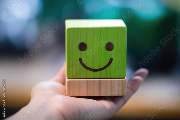 Fototapeta Smiling green happy face Smiley Laugher, friendly happy square cube wooden smile satisfied client review experience, customer success, client service good positive feedback, lucky affirmation