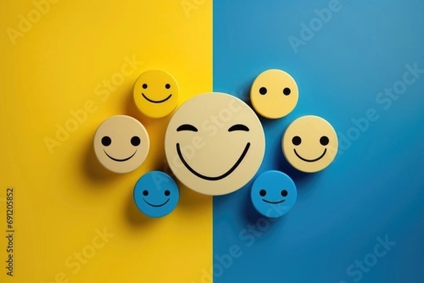 Fototapeta Smiling yellow golden happy face Smiley Laugher, friendly happy smile satisfied client review experience, customer success, client service good positive feedback, stakeholder shareholder management 