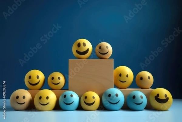 Fototapeta Smiling yellow golden happy face Smiley Laugher, friendly happy smile satisfied client review experience, customer success, client service good positive feedback, stakeholder shareholder management 