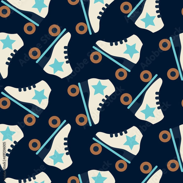 Fototapeta Seamless pattern with cute retro roller skates. Vintage texture for kids textile, wrapping paper. Cartoon style dark blue and neutral background.
