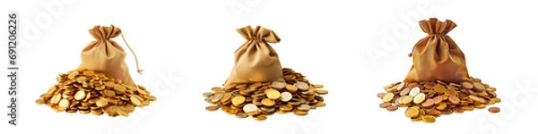 Fototapeta Set of golden coins bag on transparent background. Generative AI