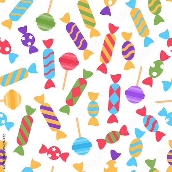 Fototapeta Colorful falling candy seamless pattern on white background. Bright striped sweet wallpaper design. Lollipop, caramel, bonbon, candy creative wrapping paper repeat tile. Sweetness vector illustration.