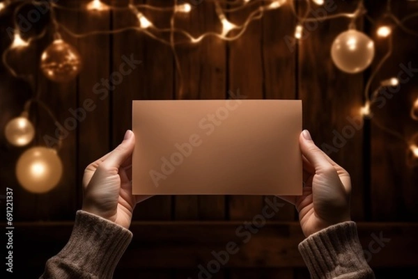 Obraz Hands of woman holding blank paper on the wooden background, dark brown and beige. Christmas lights and ornaments in the background.