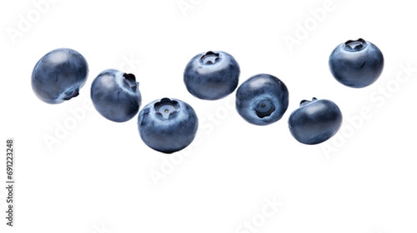 Fototapeta Blueberries separated floating in a side view, PNG, in a Healthy-themed, isolated, and transparent photorealistic illustration. Generative ai