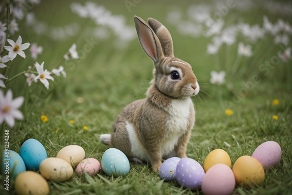 Obraz Portrait of a bunny with colorful easter eggs in the beautiful spring flower meadow with copy space.