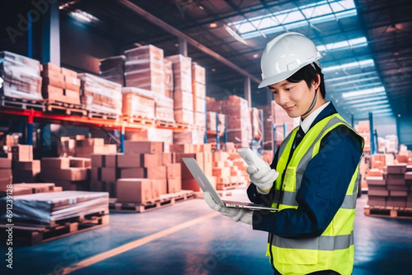 Obraz 物流倉庫で在庫の管理をする男性作業員