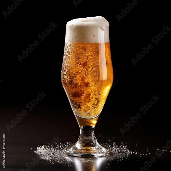 Fototapeta A glass of cold fresh beer with cap of foam. Splash of foam with tasty american beer. Beer day