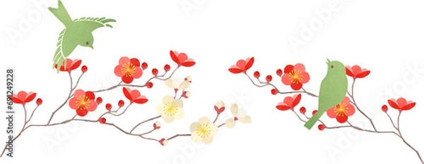 Obraz 梅の花とウグイスのイラスト