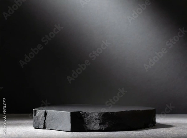 Fototapeta Stone rock podium with black background for product display.