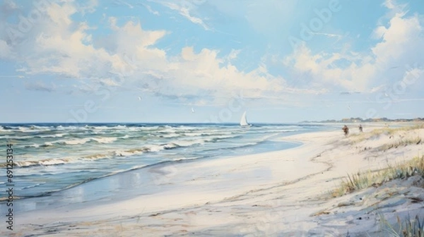 Fototapeta Tranquil Coastal Serenity: Soft Dawn/Dusk Colors and a Lone Sailboat

