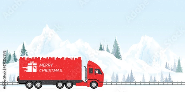 Obraz Santa driving red Christmas Delivery Truck on winter mountains.