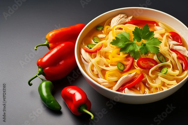 Obraz Chicken Noodle Soup With Grenn Red Peppers And Garnish