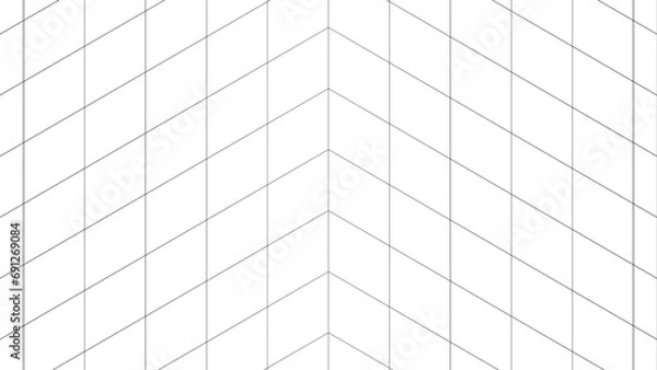 Fototapeta Empty futuristic perspective corner room with white background and black grid space lines. Ideal for sci-fi, wireframe, technology, banner, cover, and terrain designs.