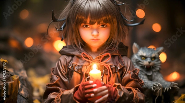 Obraz Little's witch,Little girl in a witch costume for halloween making silence gesture