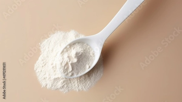 Obraz Spoon with collagen or protein powder on pastel background. Natural supplement for beauty and health of skin, bones, joints and intestines. Plant or fish based. Flatley, top view.