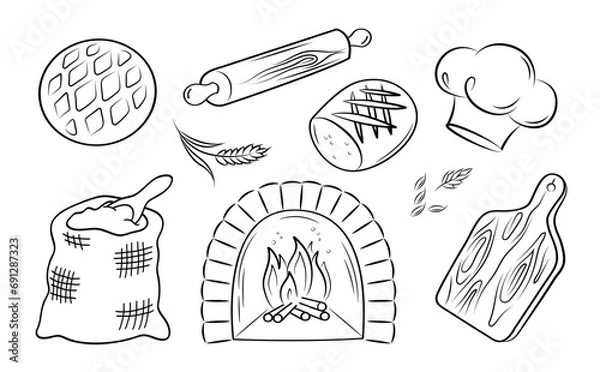 Fototapeta Bakery. Stove with a burning flame, chef's hat, rolling pin, cutting board, fresh bread. Set of vector doodle elements on a white background.