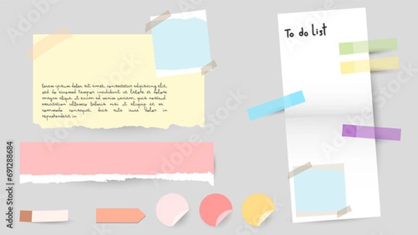 Fototapeta Paper and  notes, stickers, sticky sheets and tape Vector Set, on gray background, Notepaper meeting reminder, Flat Modern design , illustration Vector EPS 10 
