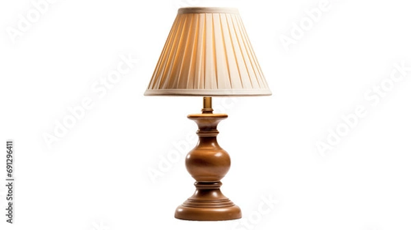 Fototapeta A table lamp with a white shade illuminating the room, isolated in the image

