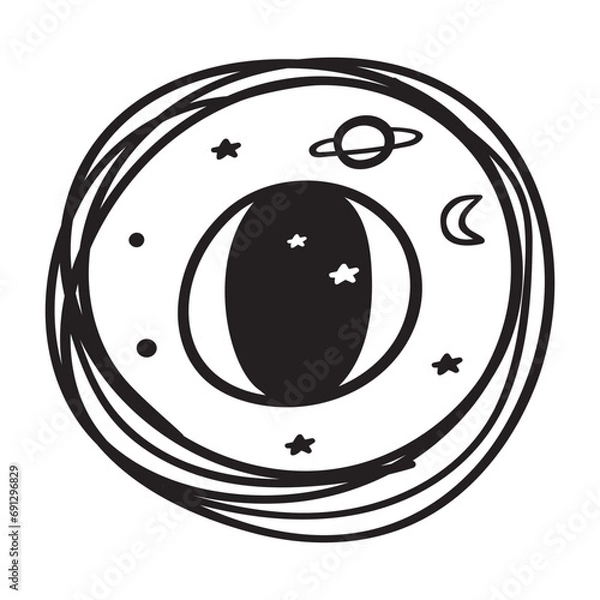 Fototapeta Eye is like portal to other dimension. Black color. Hand drawn outline vector isolated illustration