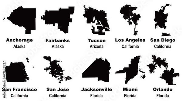 Obraz Layered editable vector illustration of map outlines of ten US cities