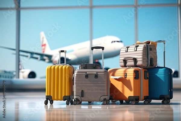 Fototapeta Airport journey. Spacious terminal with travelers luggage and bags departure and arrival. Scene captures bustling of air travel showcasing passengers suitcases and backpacks on airport floor