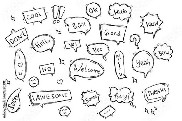 Fototapeta Hand Drawn Speech Bubbles doodle icon set 