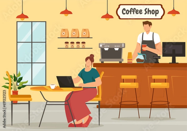 Fototapeta Coffee Shop Vector Illustration with Interior and Furniture Suitable for Poster or Advertisement in Flat Cartoon Background Design