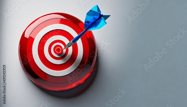 Fototapeta 3D glossy glass Dartboard target with a blue dart  aim at the center and Isolated on light Background stock photo