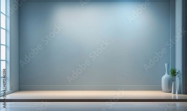 Fototapeta the interior background for the presentation showcases a wooden floor and a soft blue wall, complemented by an intriguing glare from the window