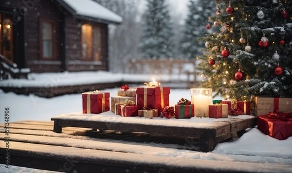 Fototapeta Christmas decoration with a empty wooden tabletop, toy gift carrying a Christmas tree and gifts in the snow in a winter park
