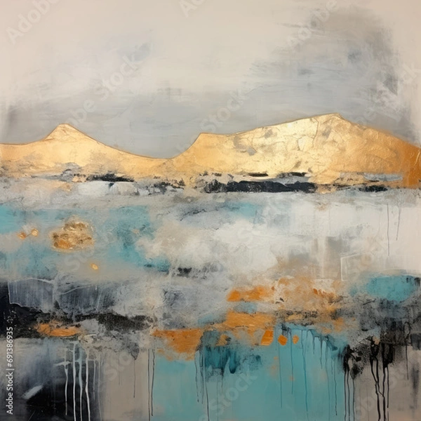 Fototapeta Splashes of bright paint on the canvas. Landscape. Gold, black, blue and gray colors. Interior painting. Beautiful background. Generative AI.