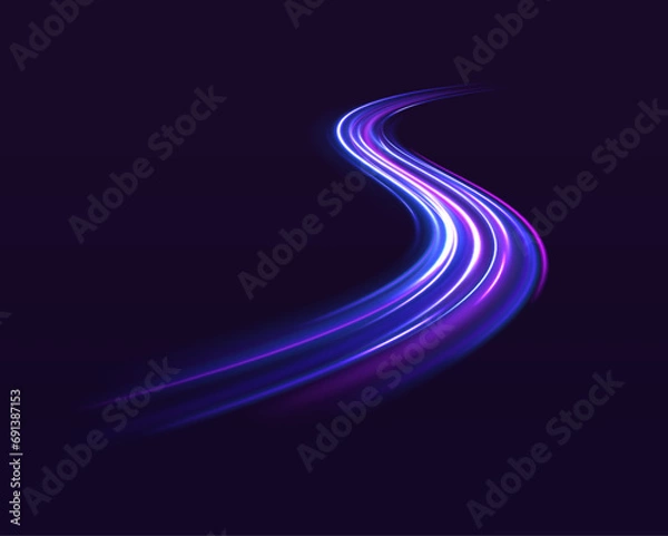 Fototapeta Modern abstract high-speed light motion effect on black background. Speed light streaks vector background with blurred fast moving light effect, blue purple colors on black.	