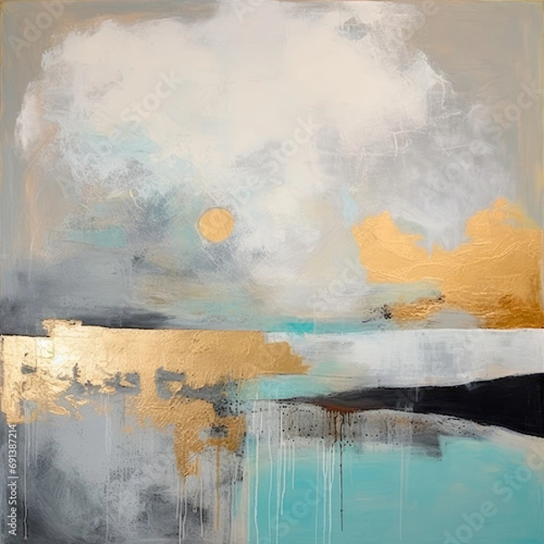 Fototapeta Splashes of bright paint on the canvas. Landscape. Gold, black, blue and gray colors. Interior painting. Beautiful background. Generative AI.