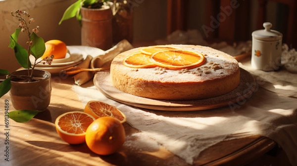 Obraz A sweet little upside-down Orange cake dessert. Baked twice and still turned out delicious. garnished with rosemary and fresh tangerine and oranges