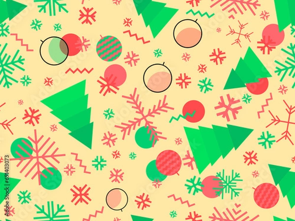 Obraz Christmas seamless pattern with geometric shapes in 80s Memphis style. Christmas pattern with fir trees, Christmas decorations and geometric shapes for wrappers and banners. Vector illustration