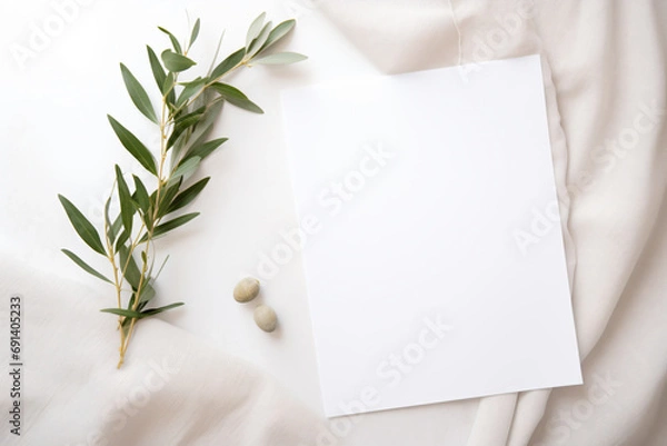 Fototapeta a white sheet of paper with a leaf and some rocks