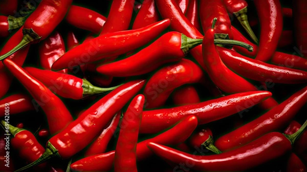 Fototapeta Top view of fresh red chili peppers placed on stall in local grocery market