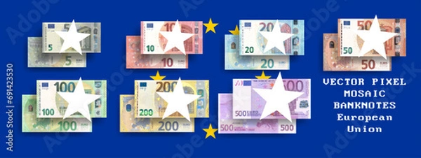 Fototapeta Vector set of pixel mosaic European Union banknotes. Collection of notes in denominations of 5, 10, 20, 50, 100, 200 and 500 euros. Obverse and reverse. Play money or flyers.