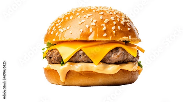 Fototapeta hamburger with cheddar cream and fresh and tasty brioche bun isolated on transparent or white background, png. Made with genreative ai