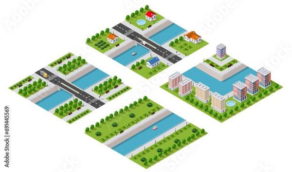 Fototapeta Isometric illustration of a city waterfront with a river, yachts and buildings and houses