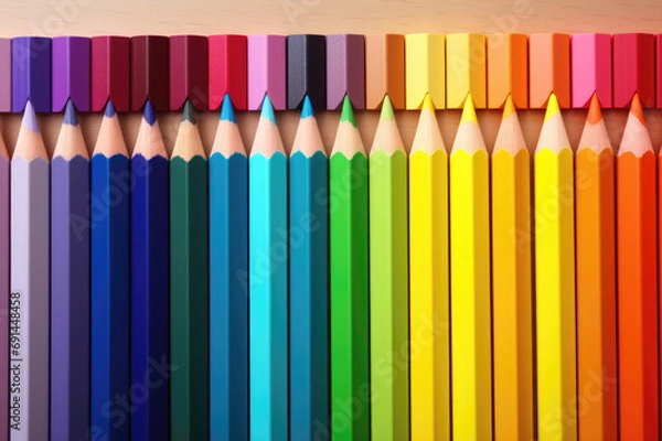 Fototapeta Gradient of vivid colored pencils on wooden surface, ideal for artists and school projects.