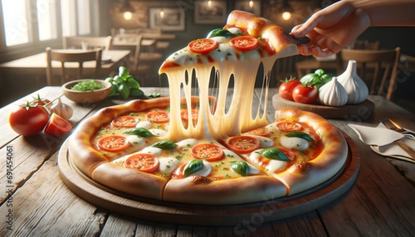 Fototapeta A pizza on a wooden table in a cozy Italian restaurant, with one slice lifted showing cheese stretching. Emphasis on tomato, basil, and mozzarella textures against rustic decor and soft lighting