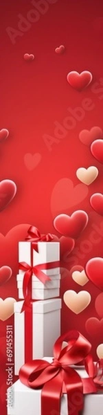 Fototapeta Valentine's Day Paper Art Concept Banner with Handmade Gift Box Lots of paper cut ribbons, bows and hearts on red background with space for text.