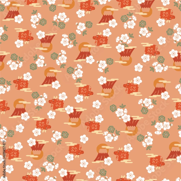 Obraz 辰年のシームレスなパターン。日本の伝統的な柄。和柄。縁起の良い柄、吉祥紋、十二支、ドラゴン、正月、元旦、