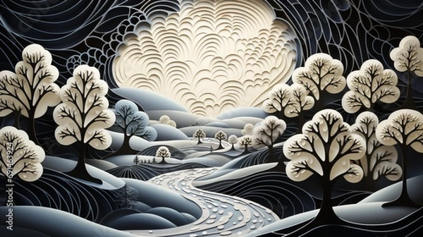 Fototapeta An artistic rendering of nature's serene beauty, capturing the essence of a tranquil landscape with flowing river and lush trees in a masterful drawing
