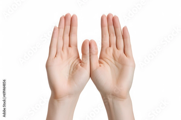 Fototapeta Closeup view of female hands palms isolated on white background.Two female hands in gesture of asking, praing, giving or showing something