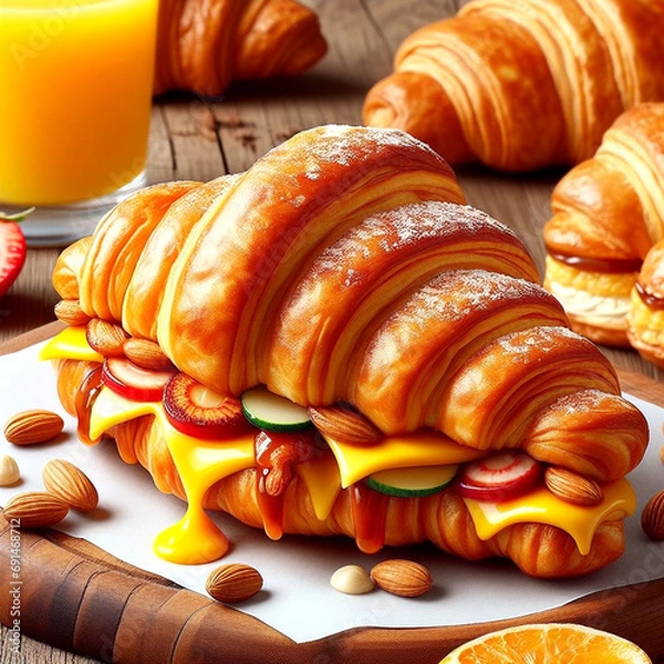 Fototapeta Croissant with sausage cheese and herbs. on wood  table