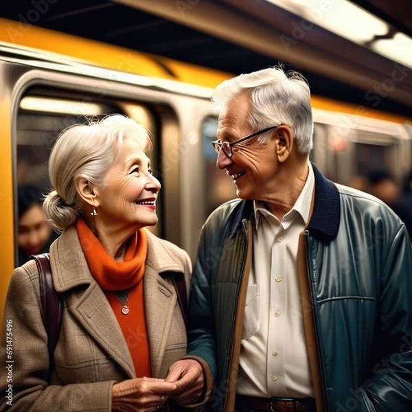 Fototapeta A couple of elderly pensioners are having fun in a subway car