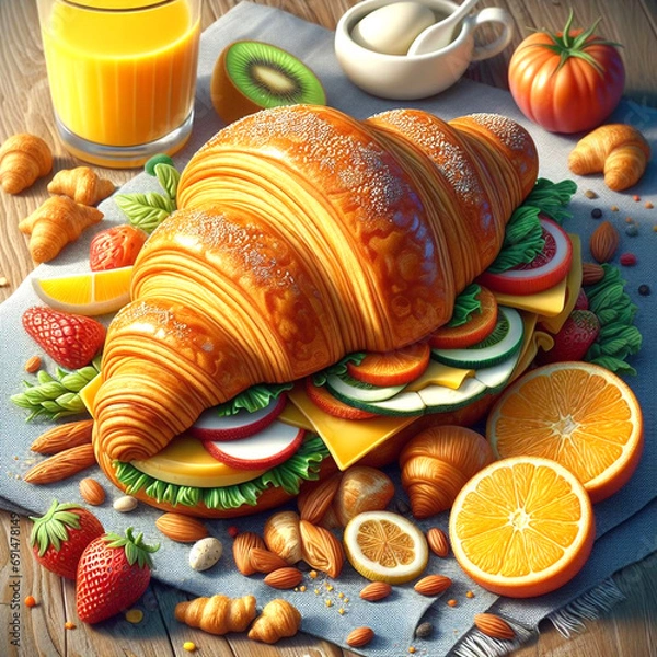 Fototapeta Croissant with sausage cheese filling and vegetable salad. on a wooden table